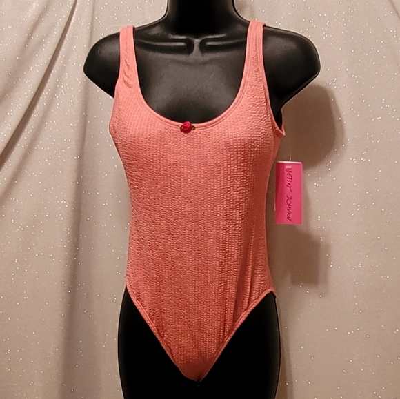 One-piece swimsuit by Betsey Johnson pink retro style rosebud detail, small NEW - Picture 10 of 16